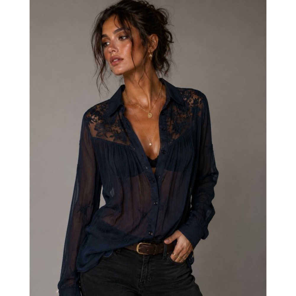 NWT Women Navy Lace Yoke Sheer Chiffon Blouse Button Down Boho Sexy Dressy Top